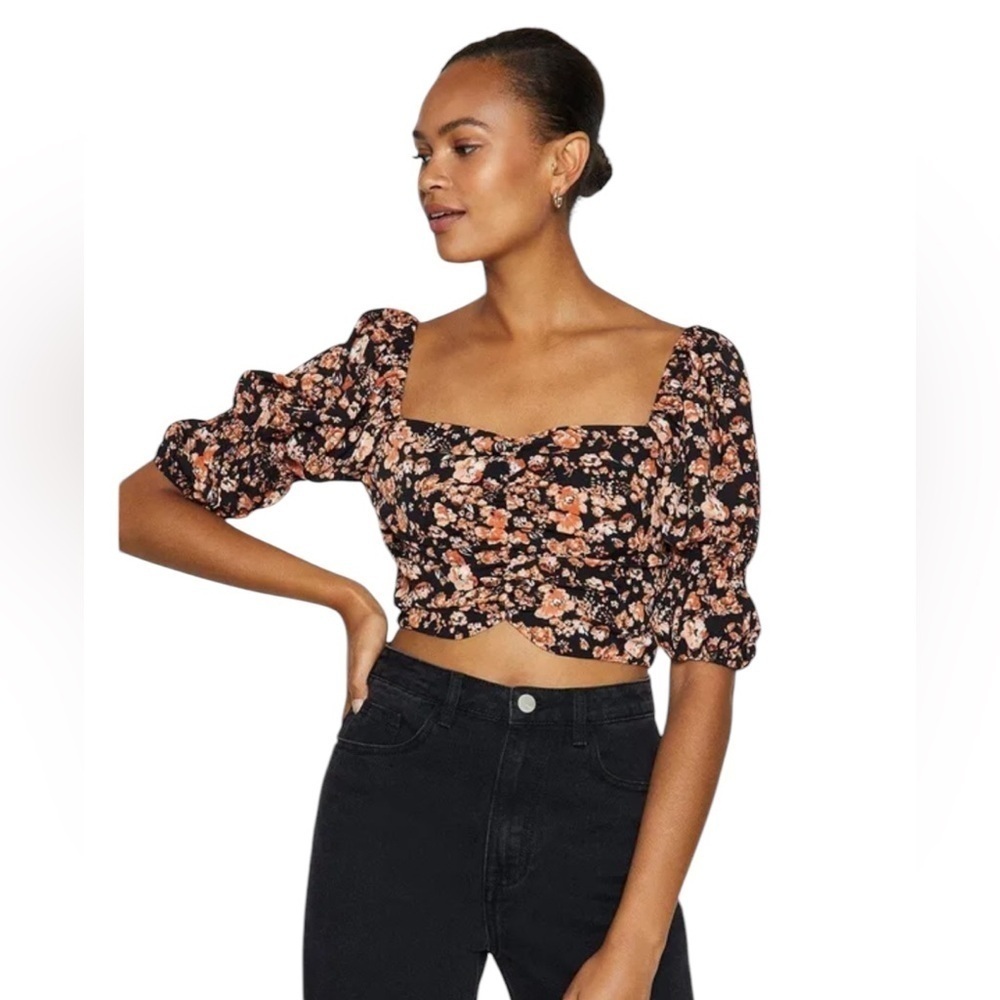 Zara Black Floral Puff Sleeve Smocked Crop Top Square Neck Size Small